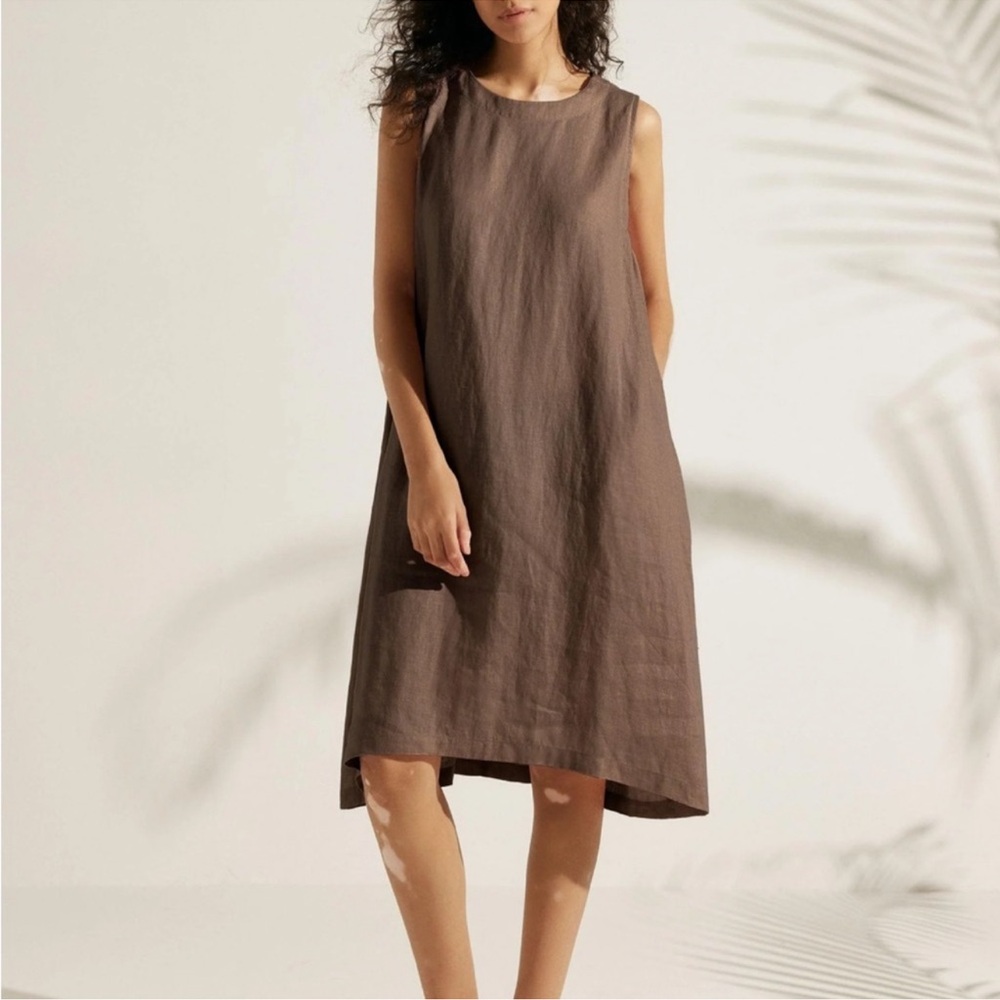 LINTICO linen brown short sleeve long dress lagenlook Coastal minimalist sz XXL‎